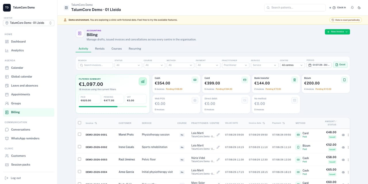 TalumCore invoicing and payment status dashboard