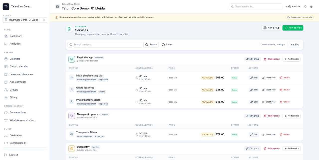 TalumCore catalogue of services, durations and prices