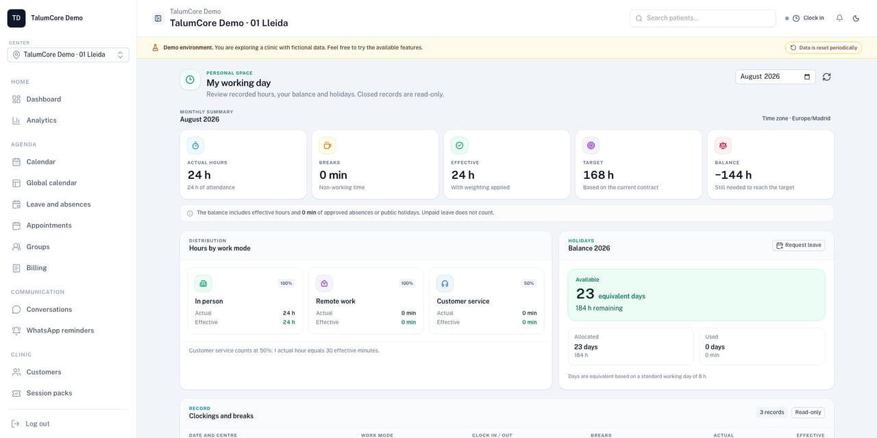 Summary of working hours and recorded time in TalumCore