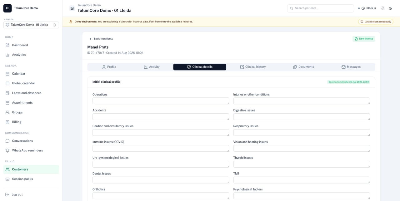 Patient profile with details, documents and follow-up in TalumCore