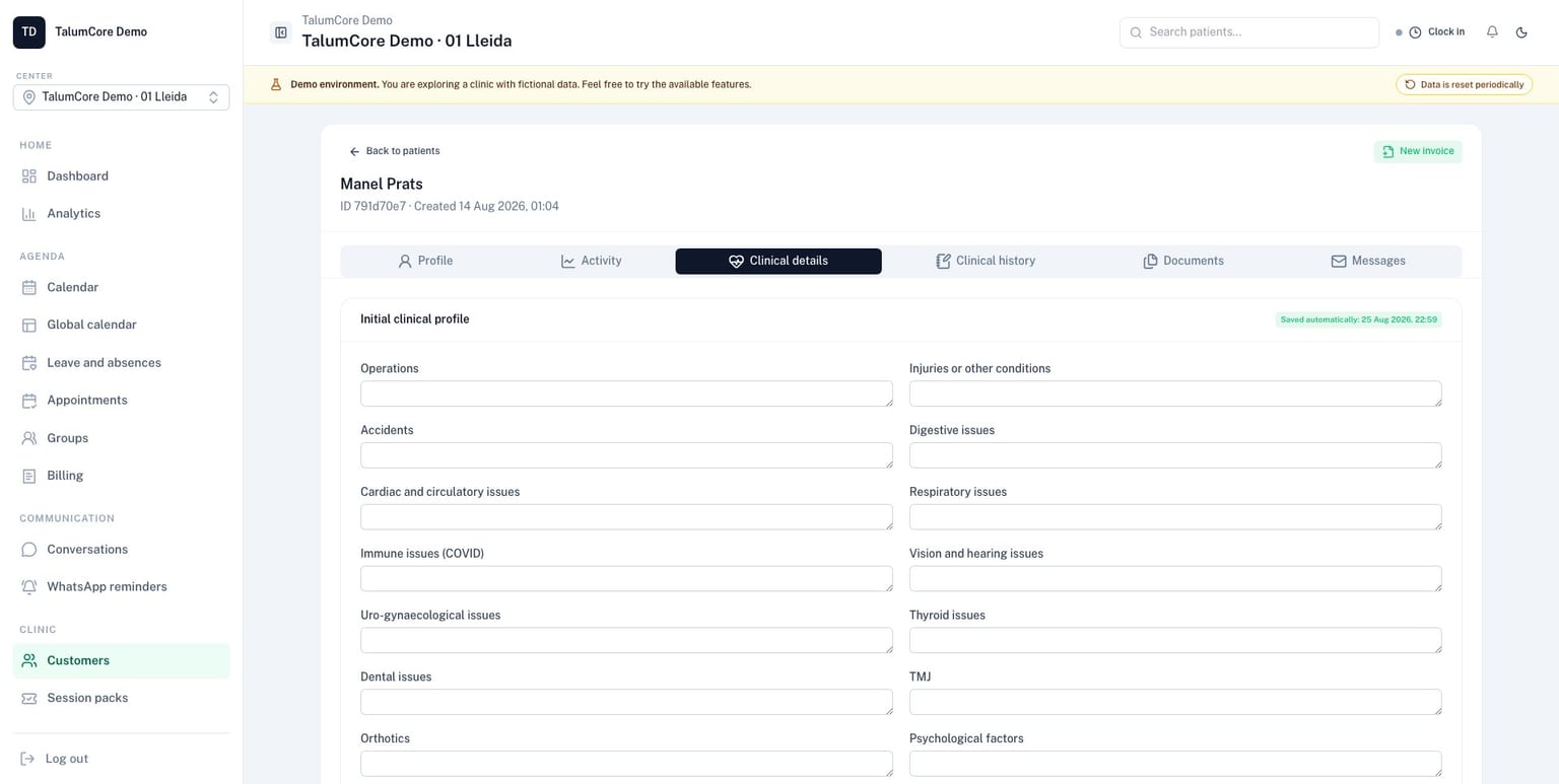 Patient profile with details, documents and follow-up in TalumCore
