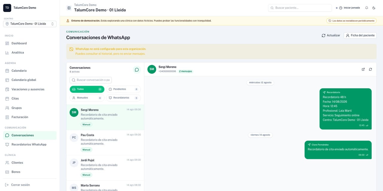 Bandeja de conversaciones de WhatsApp integrada en TalumCore