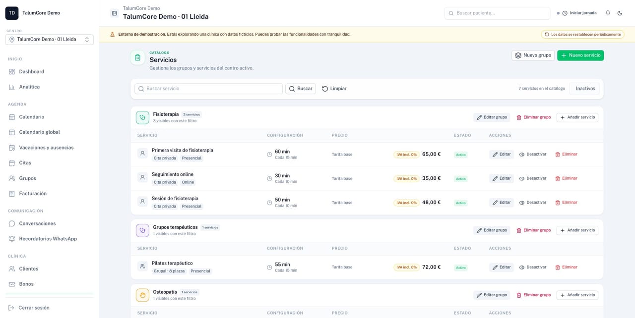 Catálogo de servicios, duraciones y tarifas de TalumCore
