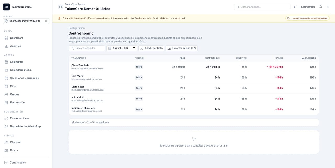 Control horario del equipo, contratos y vacaciones en TalumCore