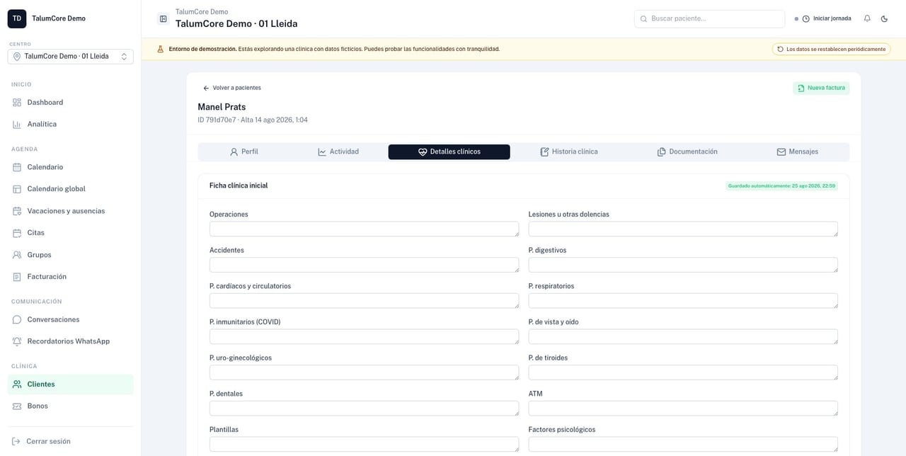 Ficha del paciente con datos, documentación y seguimiento en TalumCore