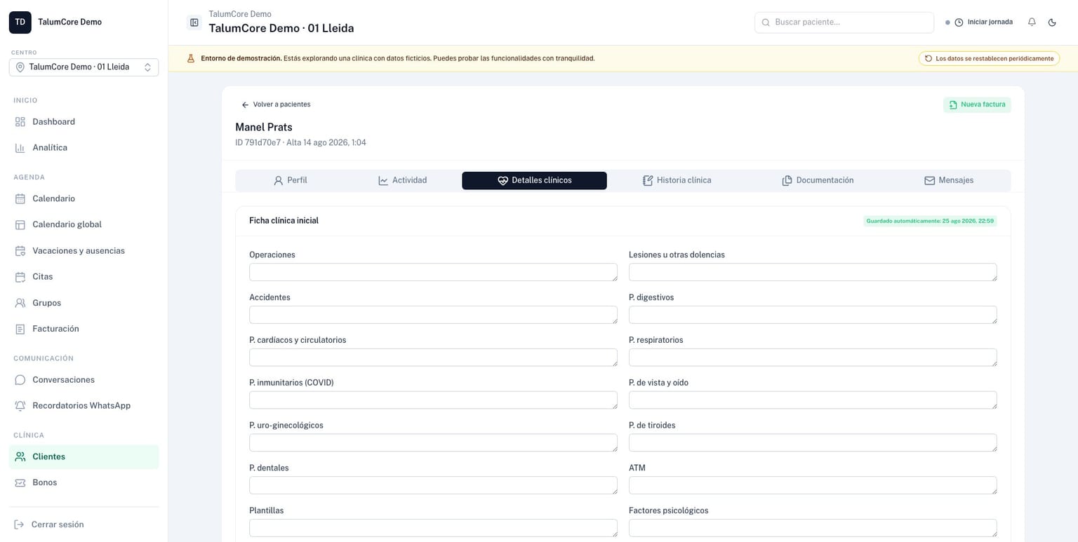 Ficha del paciente con datos, documentación y seguimiento en TalumCore