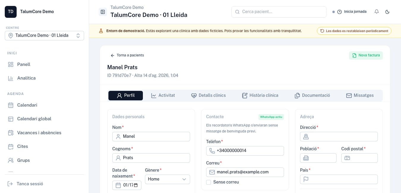 Pantalla real del perfil d’un pacient fictici dins de TalumCore