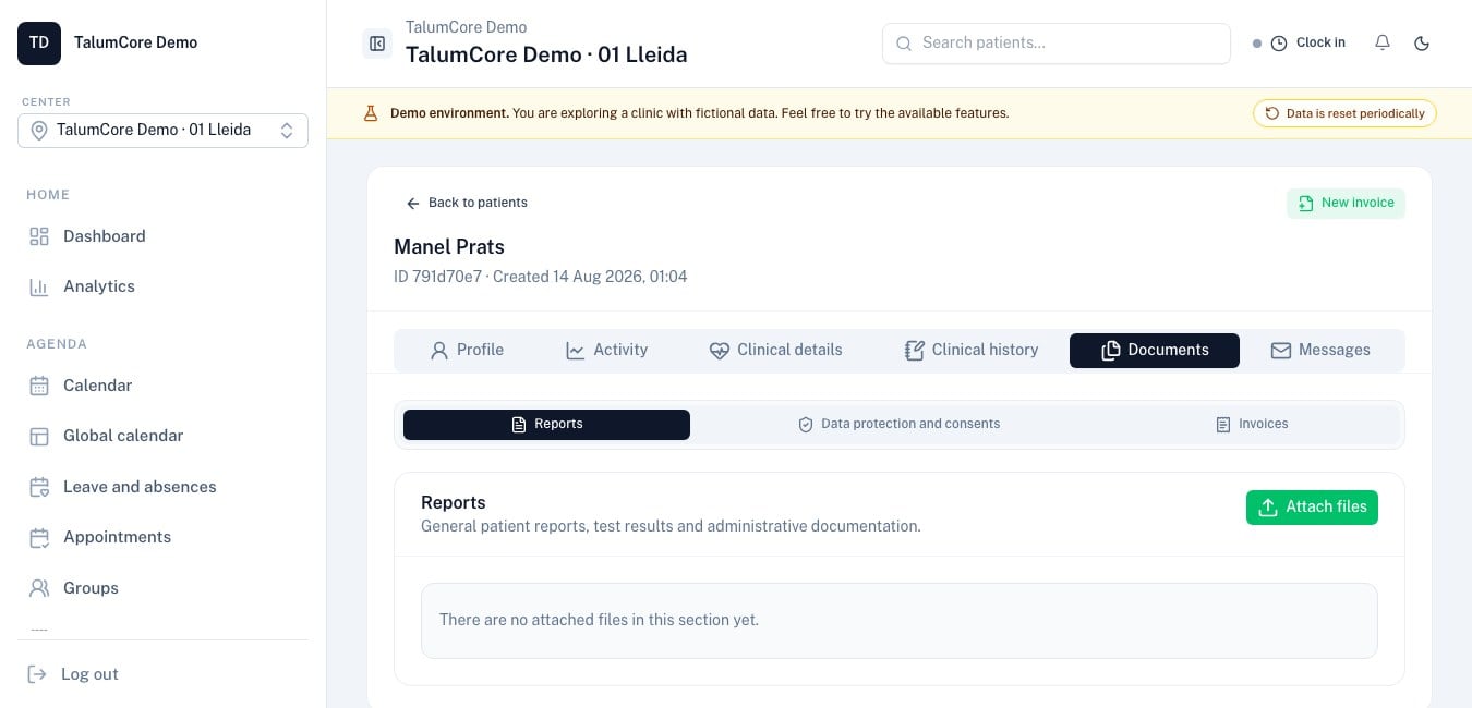 Real TalumCore patient reports and documents screen with fictional data