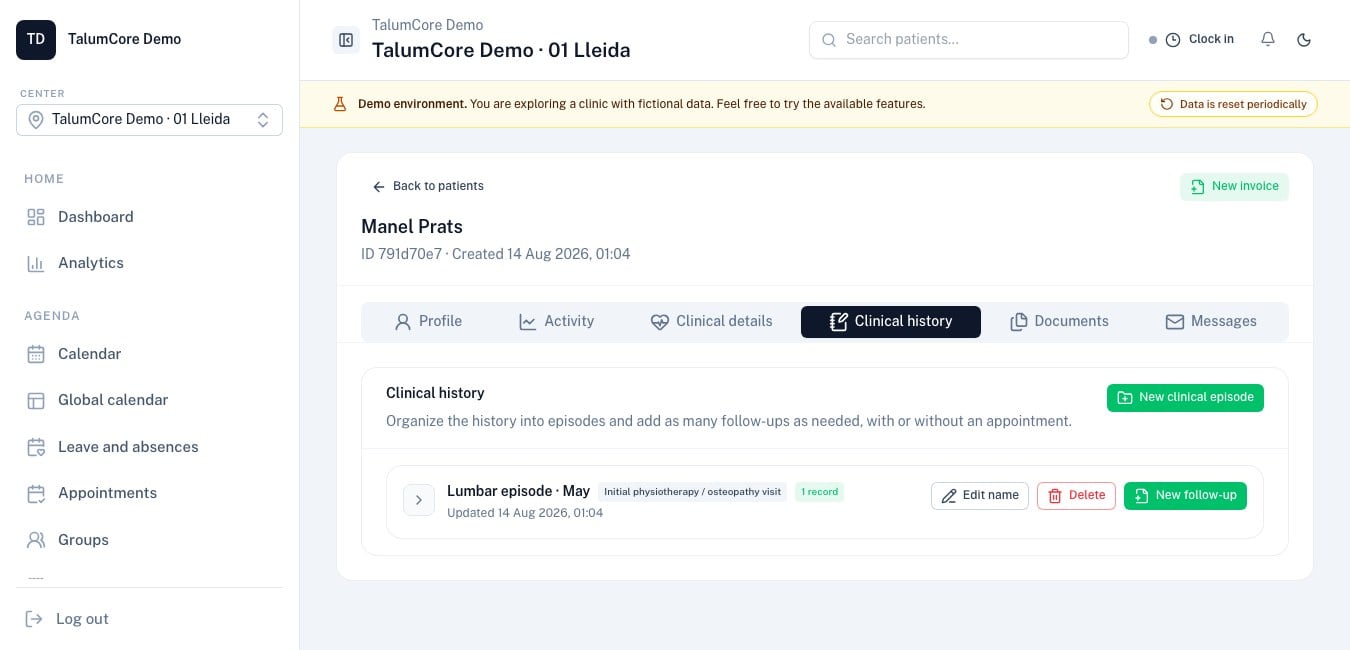 Real TalumCore clinical follow-up screen with fictional data