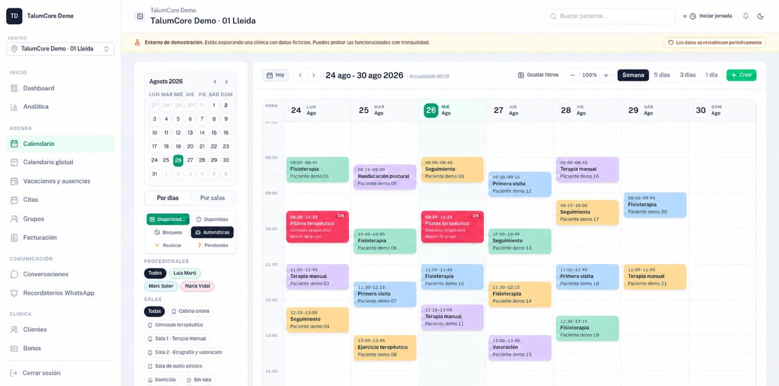 Agenda semanal de TalumCore con citas organizadas por profesional